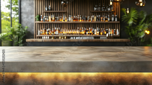 Modern Bar Countertop with Backlit Edge and Shelves of Liquor Bottles photo