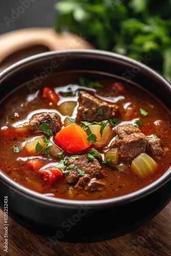 A bowl of hearty stew filled with tender meat and colorful vegetables