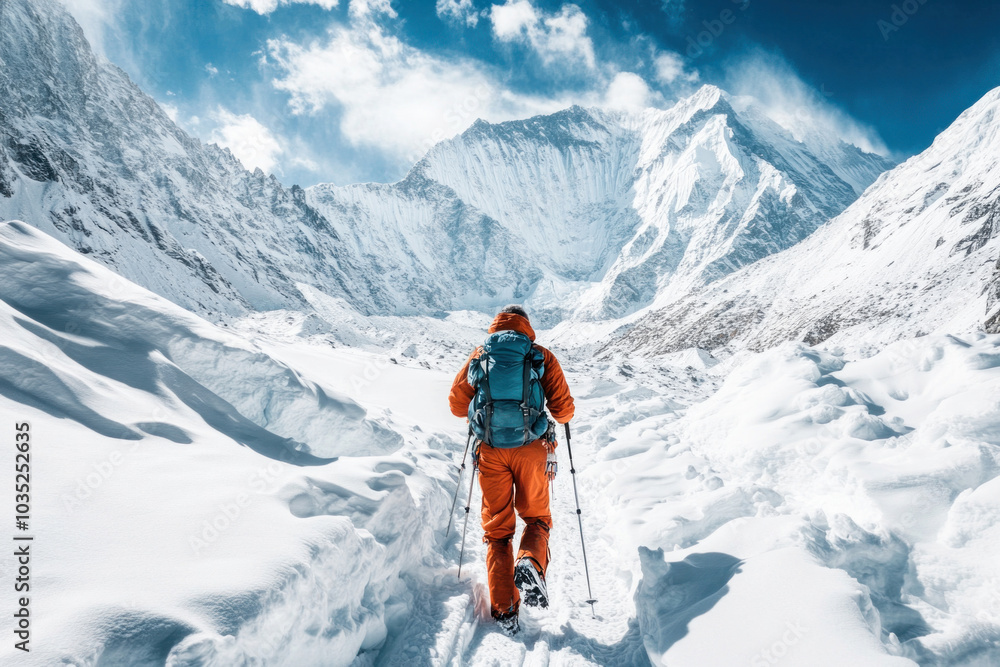 Mountaineer walking on snow covered mountain path Mountaineer walking on snow covered mountain path