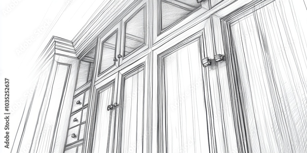 Sketch of a wooden cabinet with doors and drawers. Sketch of a wooden cabinet with doors and drawers.