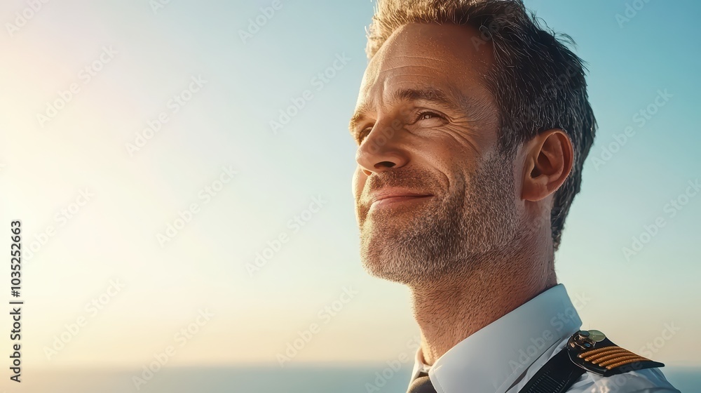 A confident pilot smiling against a clear sky, symbolizing aviation and professionalism. A confident pilot smiling against a clear sky, symbolizing aviation and professionalism.