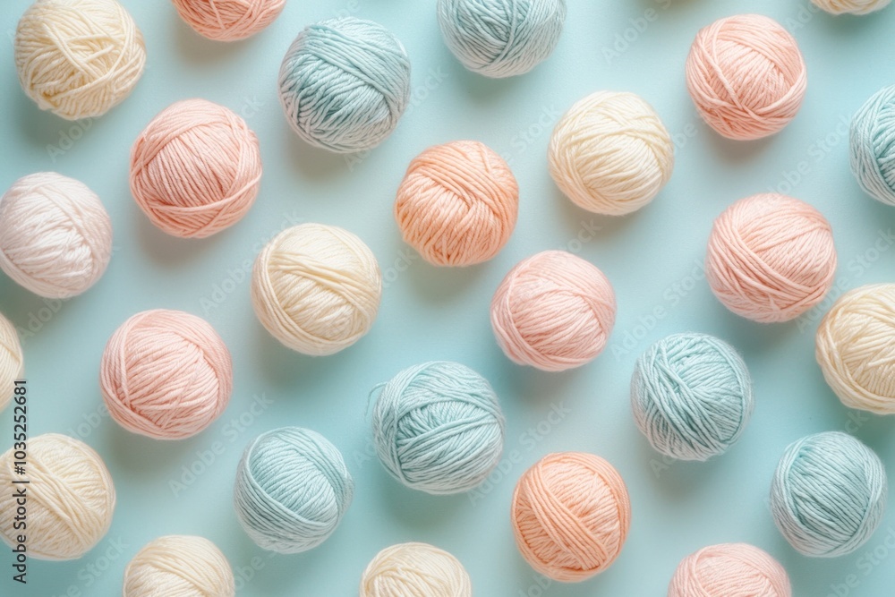 A pastel-colored background featuring balls of yarn, arranged in an organized pattern on the surface. A pastel-colored background featuring balls of yarn, arranged in an organized pattern on the surface.