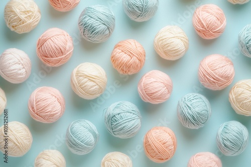 A pastel-colored background featuring balls of yarn, arranged in an organized pattern on the surface. 