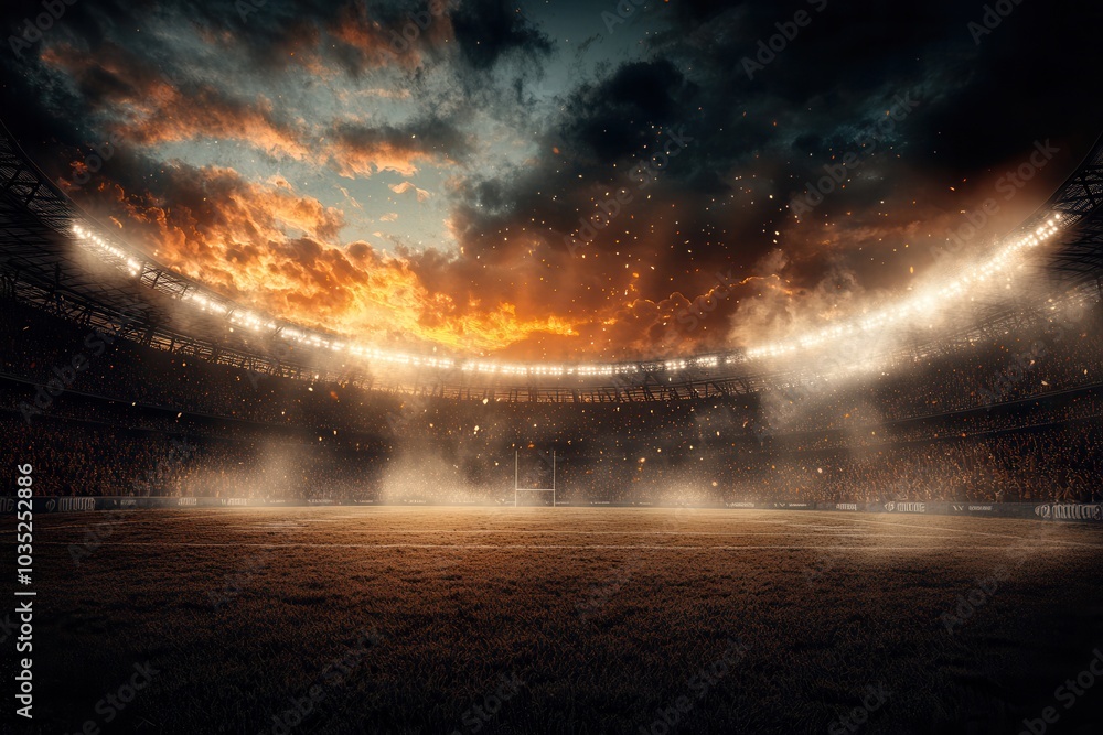 Dramatic stadium scene at sunset with lights shining through mist, capturing the anticipation of a big game or event. Dramatic stadium scene at sunset with lights shining through mist, capturing the anticipation of a big game or event.