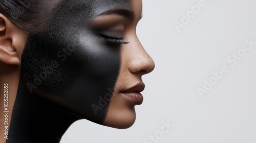 A striking profile of a woman with half of her face painted in black, creating a bold contrast against her natural skin tone, symbolizing duality and artistic expression