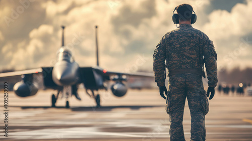 Military personnel oversees fighter jet on airfield with cloudy sky background