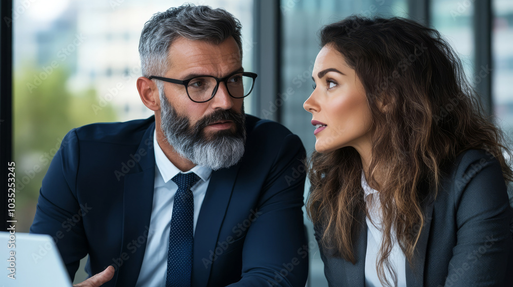 A business person having a serious discussion with a colleague in a corporate office, surrounded by glass windows and city views A business person having a serious discussion with a colleague in a corporate office, surrounded by glass windows and city views