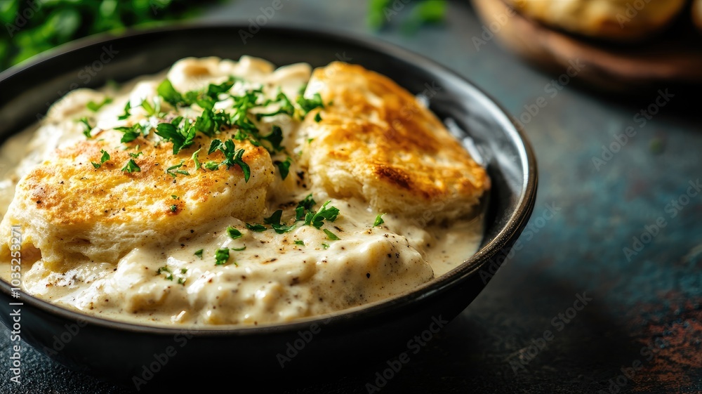 Creamy chicken stew topped with golden biscuits and garnished fresh parsley Creamy chicken stew topped with golden biscuits and garnished fresh parsley