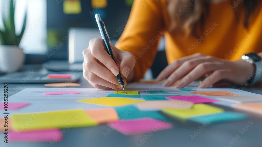 A business person holding a brainstorming session with colleagues, sticky notes and visual aids highlighting creative thinking A business person holding a brainstorming session with colleagues, sticky notes and visual aids highlighting creative thinking
