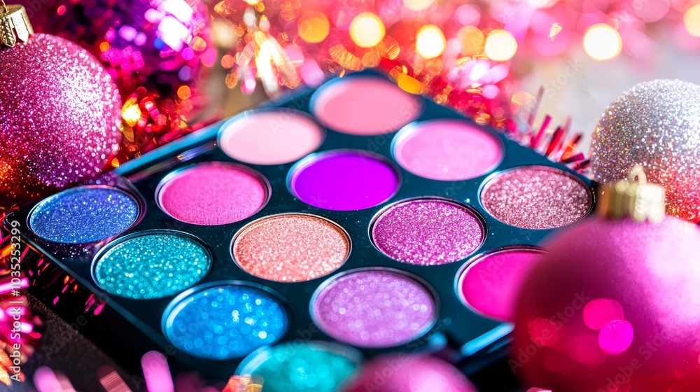 A Christmas-themed makeup palette filled with vibrant, glittering holiday colors, surrounded by tinsel, ornaments, and a cozy fireplace. A Christmas-themed makeup palette filled with vibrant, glittering holiday colors, surrounded by tinsel, ornaments, and a cozy fireplace.