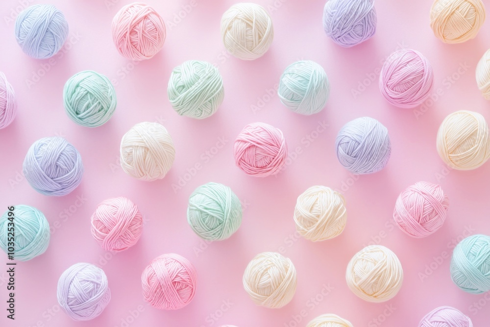 A pastel-colored background featuring balls of yarn, arranged in an organized pattern on the surface. A pastel-colored background featuring balls of yarn, arranged in an organized pattern on the surface.