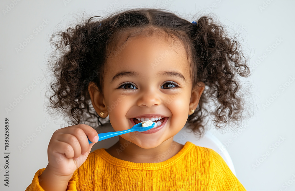 happy little African American girl sitting in a high chair and eating from a spoon, against a white background happy little African American girl sitting in a high chair and eating from a spoon, against a white background