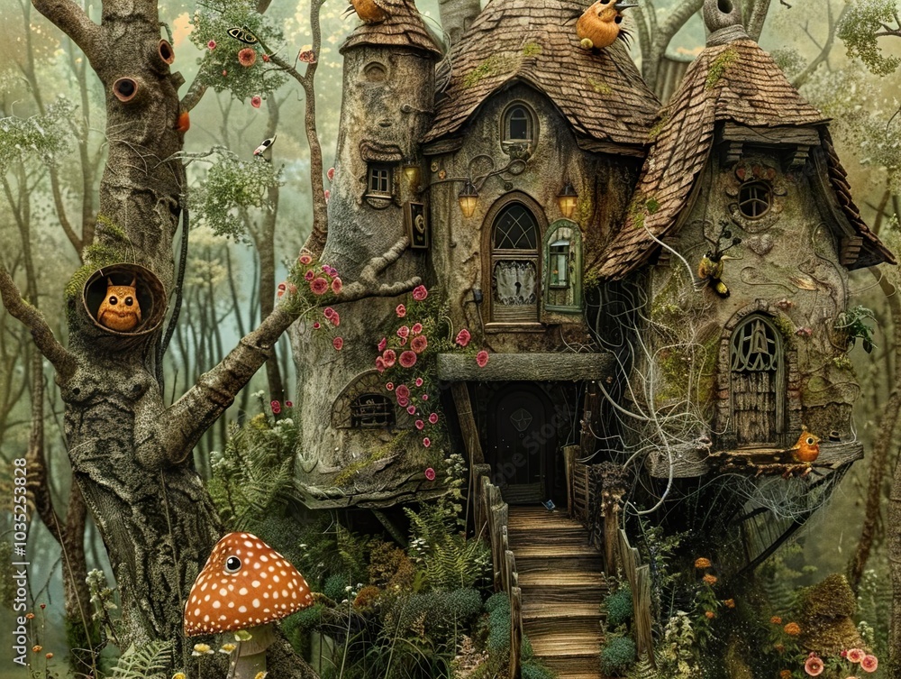 Obraz premium Enchanted Treehouse in a Mystical Forest - Fantasy Art
