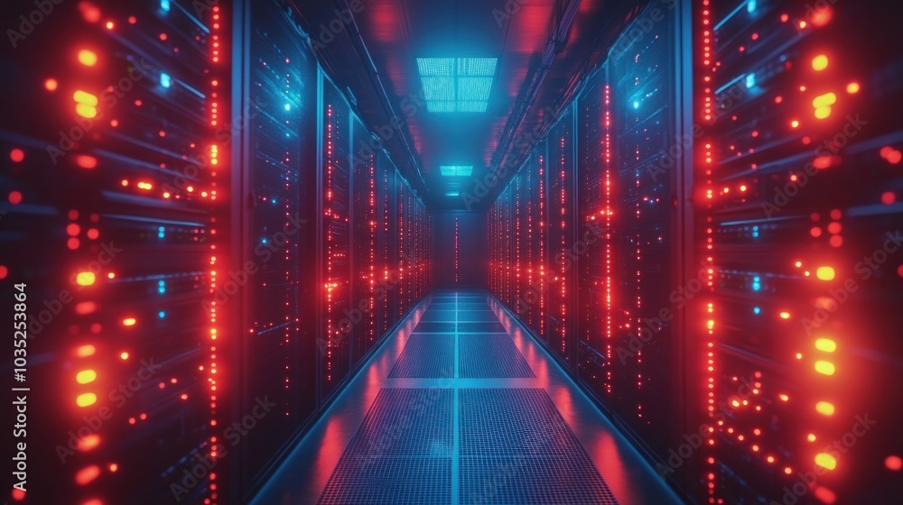 A cutting-edge data center showcases rows of servers, glowing with vibrant red and blue lights, pulsating with data A cutting-edge data center showcases rows of servers, glowing with vibrant red and blue lights, pulsating with data