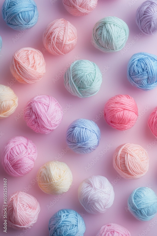 A pastel-colored background featuring balls of yarn, arranged in an organized pattern on the surface. A pastel-colored background featuring balls of yarn, arranged in an organized pattern on the surface.