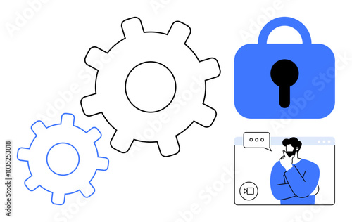 Two gears, a lock, and a person in a chat box represent technology, security, and communication. Ideal for cybersecurity, technology, software development, digital collaboration, and online privacy