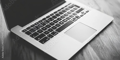 A laptop rests on a wooden surface.