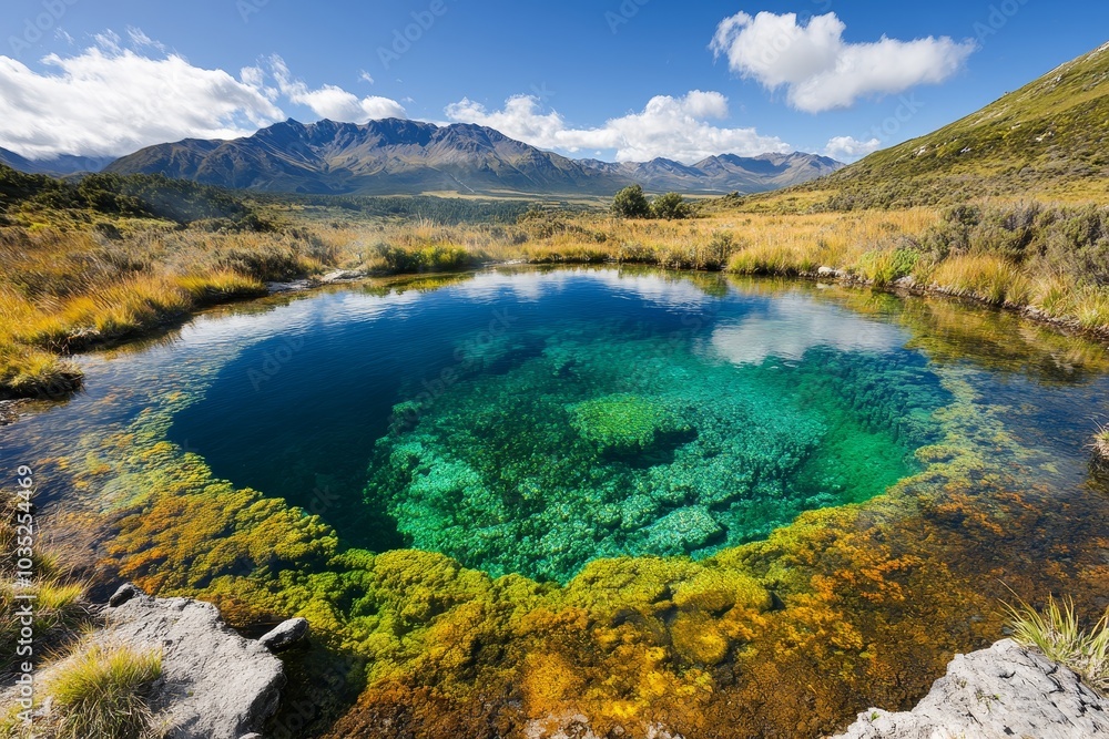 Fototapeta premium A serene pond glimmers under the bright sun amidst lush greens and majestic mountains in New Zealand's picturesque landscape
