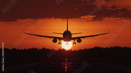 Passenger jet lands gracefully at sunset, casting a stunning silhouette against the vibrant orange sky, evoking wanderlust and freedom. Perfect for tourism, business, and adventure concepts