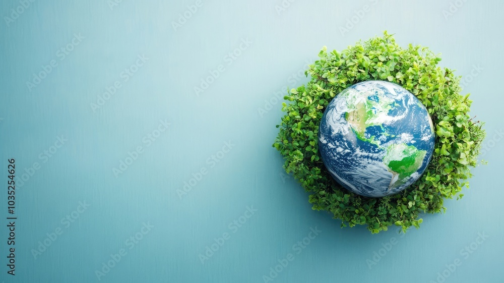 Earth surrounded by green leaves on blue background Earth surrounded by green leaves on blue background