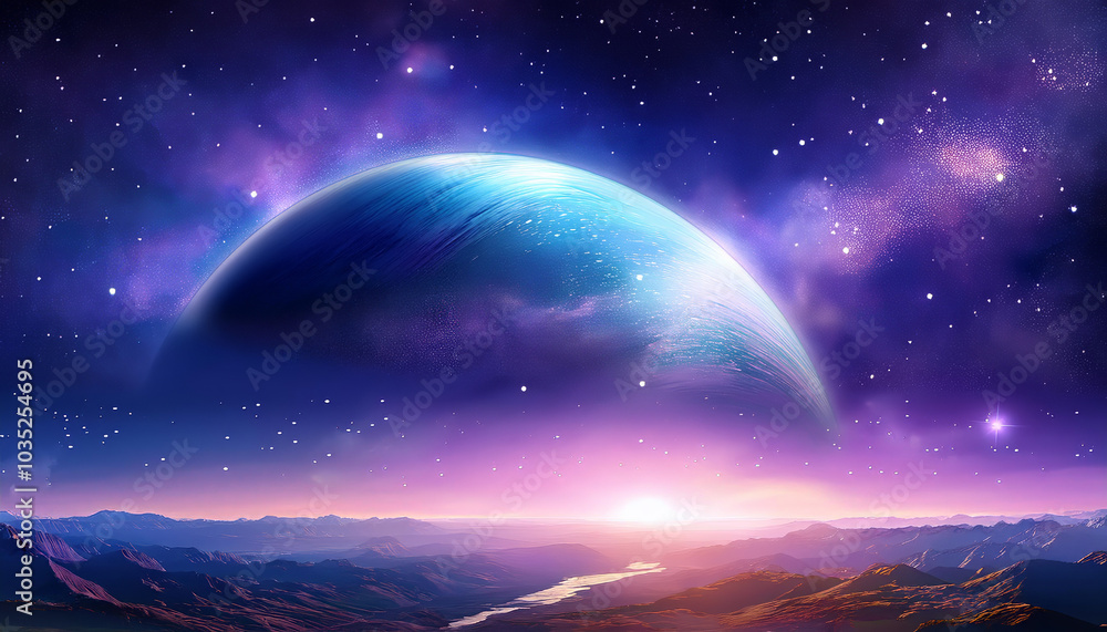 Blue and purple planet is rising over a mountain landscape on an alien world at dawn Blue and purple planet is rising over a mountain landscape on an alien world at dawn
