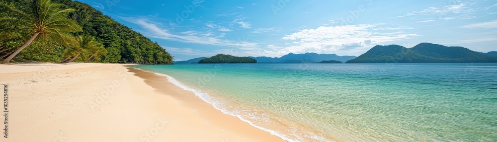 Beautiful tropical beach with clear water, golden sand, and lush green mountains in the background under a blue sky. Beautiful tropical beach with clear water, golden sand, and lush green mountains in the background under a blue sky.