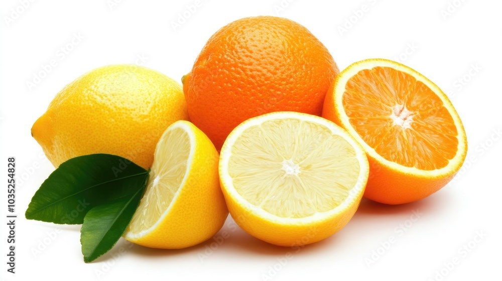 Bright lemons and oranges arranged in a vibrant oval shape on a white backdrop, perfect for design elements Bright lemons and oranges arranged in a vibrant oval shape on a white backdrop, perfect for design elements