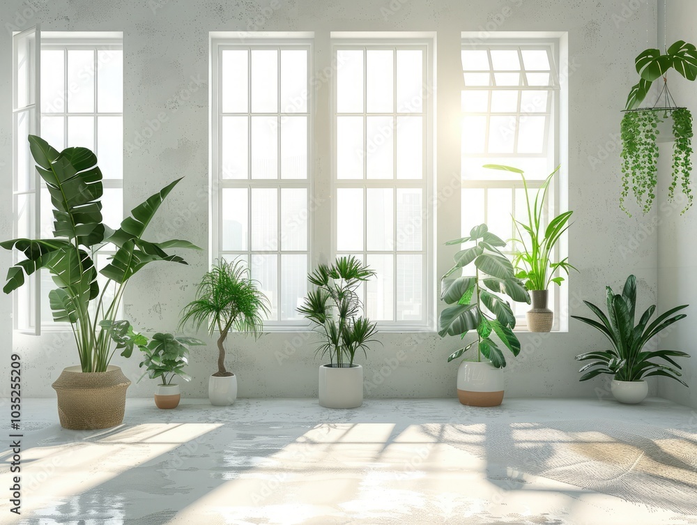 Indoor garden featuring various plants in a sunlit space with large windows and minimalistic decor Indoor garden featuring various plants in a sunlit space with large windows and minimalistic decor