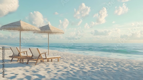 beach view with chairs and umbrellas for relaxing