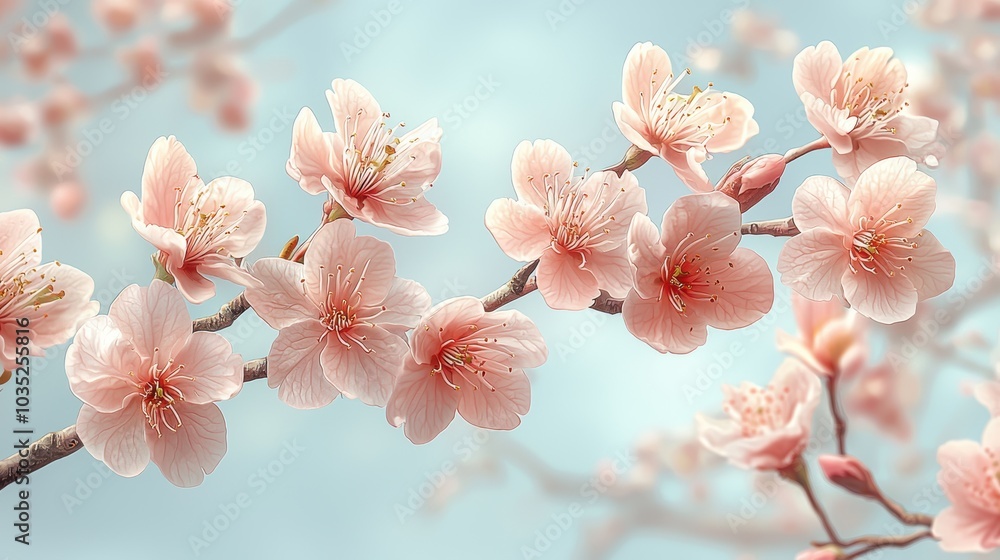Delicate pink cherry blossoms on a branch. Delicate pink cherry blossoms on a branch.