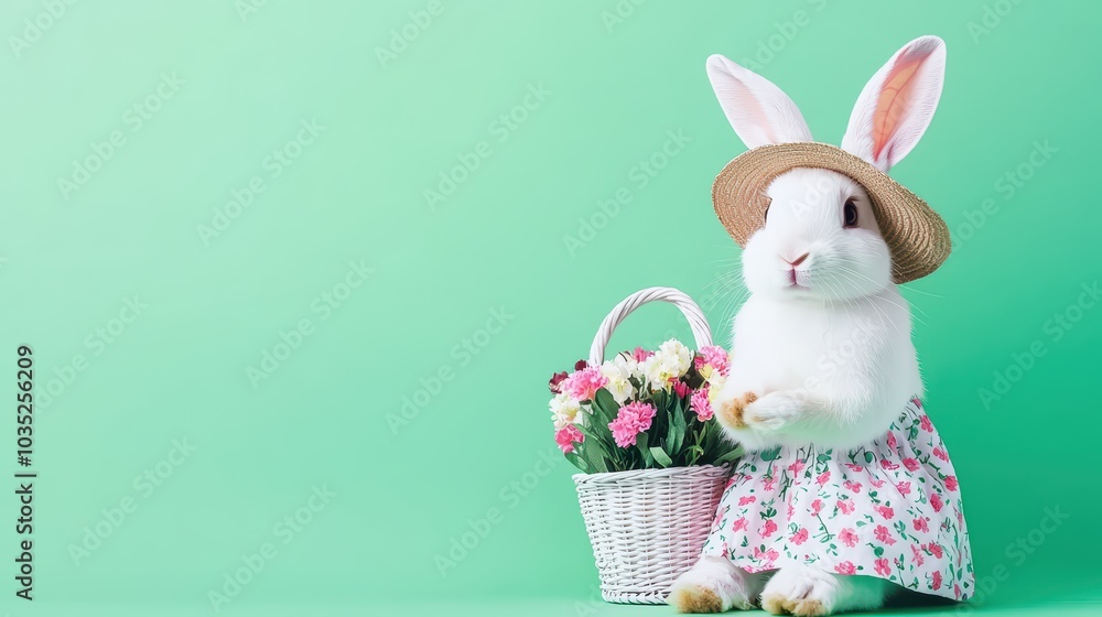 Cute bunny wearing a dress and hat with a flower basket, set against a mint green background. Cute bunny wearing a dress and hat with a flower basket, set against a mint green background.