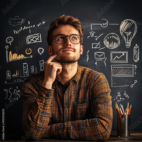 Person standing thoughtfully in front of a chalkboard filled with business-related sketches and symbols, evoking deep thinking, creativity, and strategic planning for a business or startup. photo