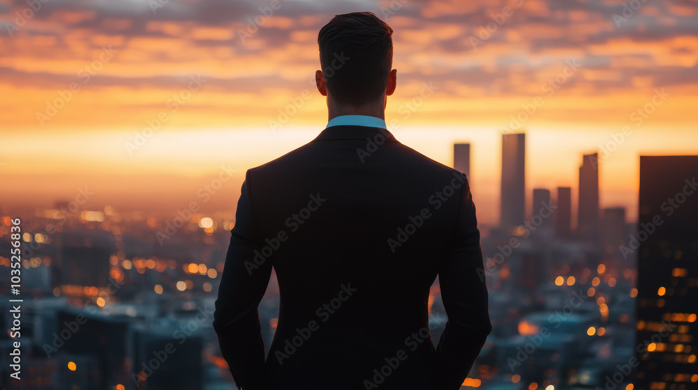 A business professional standing at the top of a skyscraper, overlooking the city, symbolizing success and achievement A business professional standing at the top of a skyscraper, overlooking the city, symbolizing success and achievement
