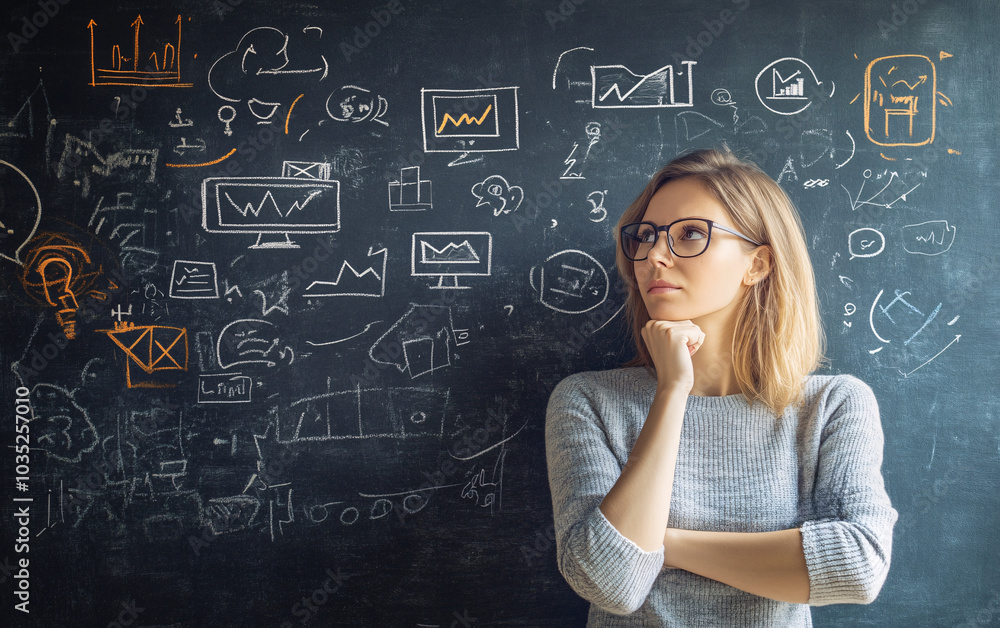 Person standing thoughtfully in front of a chalkboard filled with business-related sketches and symbols, evoking deep thinking, creativity, and strategic planning for a business or startup. Person standing thoughtfully in front of a chalkboard filled with business-related sketches and symbols, evoking deep thinking, creativity, and strategic planning for a business or startup.