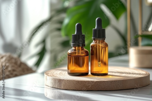 Amber colored essential oil bottles and green plants on a bright kitchen windowsill symbolizing natural healing wellness and organic beauty ideal for holistic health or aromatherapy