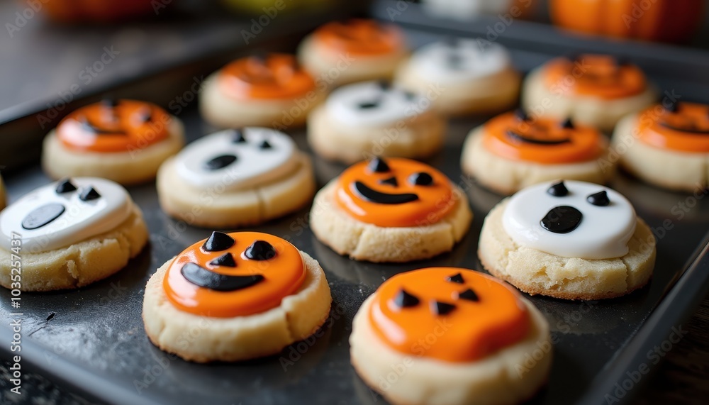 Halloween Sugar Cookies Decorated with Royal Icing Faces on a Tray Perfect for a Haunted Party Feast. Halloween Sugar Cookies Decorated with Royal Icing Faces on a Tray Perfect for a Haunted Party Feast.