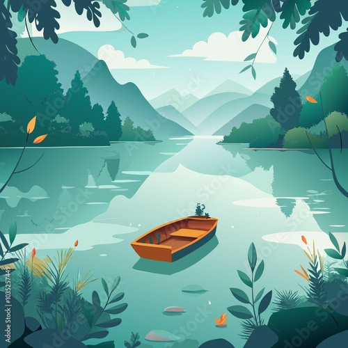 Serene Boat Ride on a Tranquil Lake Surrounded by Lush Nature