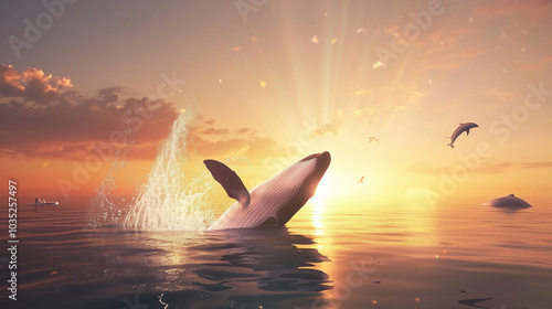 Humpback Whale Leaping at Sunrise in Calm Ocean Waters with Dolphins in the Distance