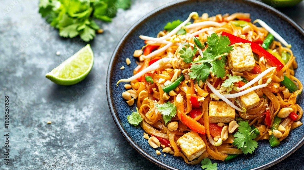 A colorful plate of vegetable pad thai with stir-fried rice noodles, tofu, bean sprouts A colorful plate of vegetable pad thai with stir-fried rice noodles, tofu, bean sprouts