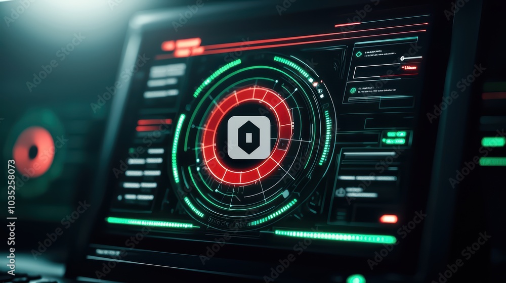 Futuristic digital interface with vibrant green and red elements, showcasing advanced technology features. Futuristic digital interface with vibrant green and red elements, showcasing advanced technology features.