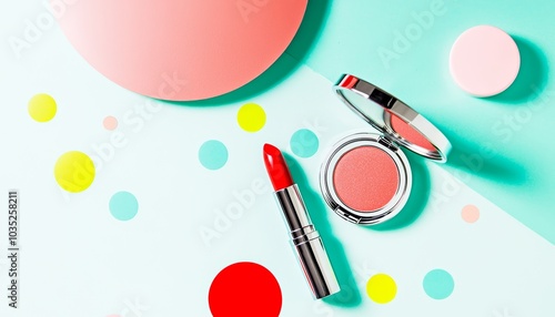 A retro beauty kit featuring classic red lipstick and vintage compacts, arranged on a pastel surface with polka dots and bright neon accents.