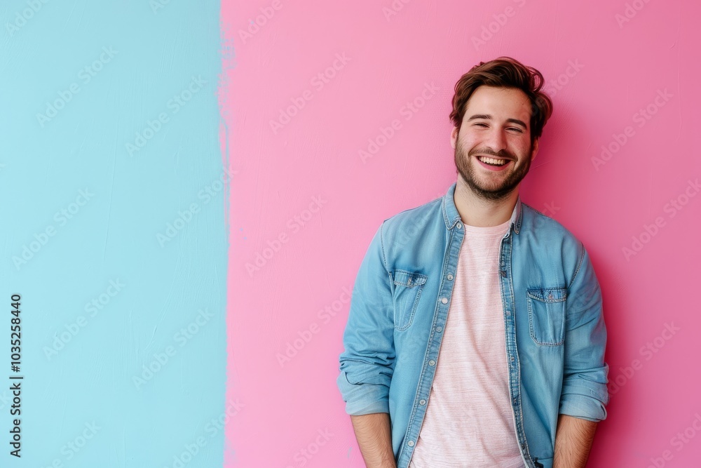 Urban Confidence - Happy European Man Leaning Against Blue Wall on Pink Background with Text Space Below