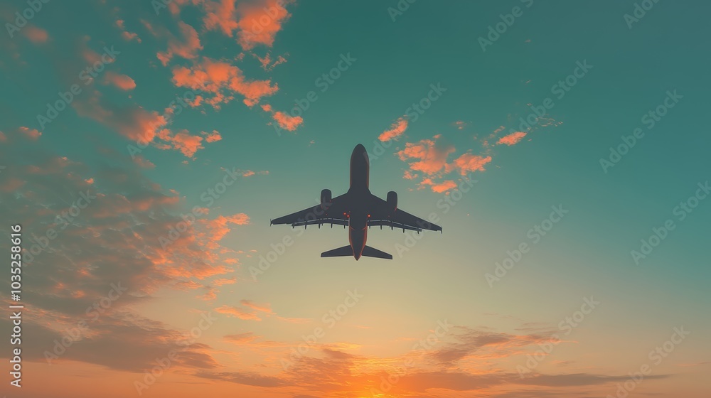 Passenger plane is flying over a beautiful sky full of orange clouds at sunset, with the landing gear down, ready to land at the airport Passenger plane is flying over a beautiful sky full of orange clouds at sunset, with the landing gear down, ready to land at the airport
