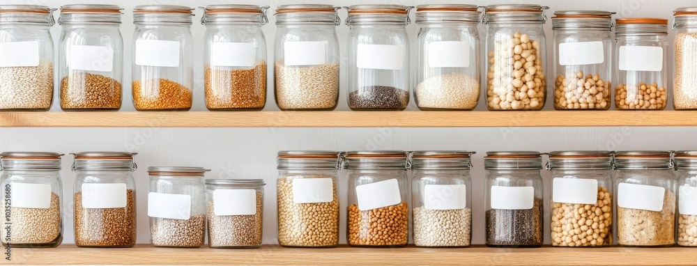 Glass jars filled with grains on wooden shelves in a warm, sunlit kitchen promoting plant-based eating and healthy living Glass jars filled with grains on wooden shelves in a warm, sunlit kitchen promoting plant-based eating and healthy living