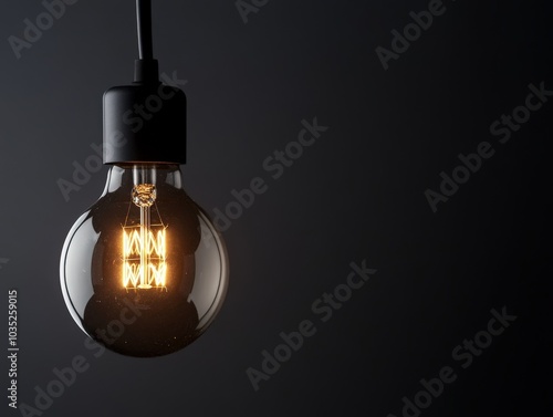 Single Light Bulb. Bright Basic Bulb with Black Background and Copy Space