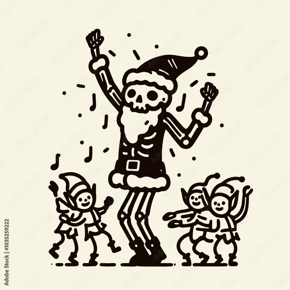 Fototapeta premium A playful illustration featuring a dancing skeleton dressed as Santa, accompanied by cheerful elves in a festive setting.