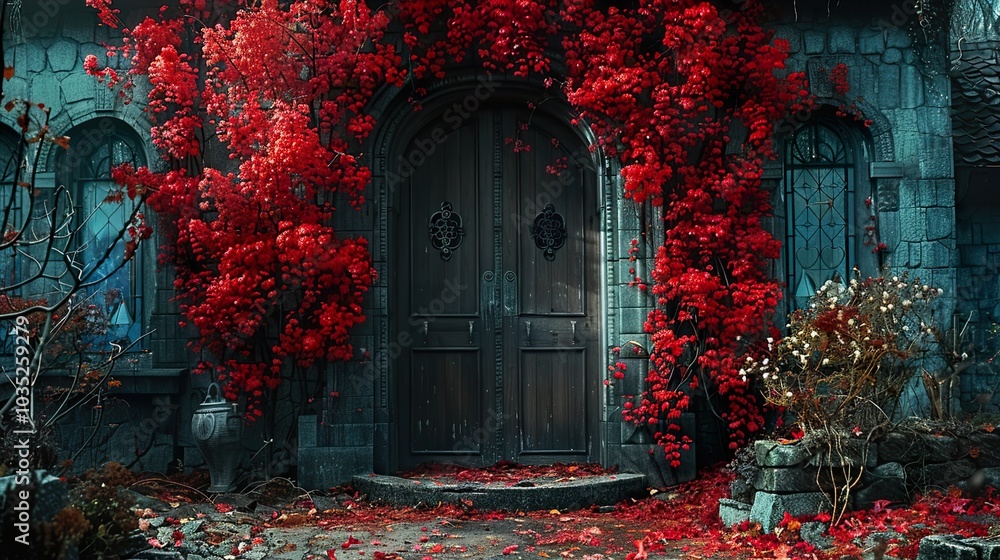 Gothic Stone House with Red Flowers and Doorway Gothic Stone House with Red Flowers and Doorway