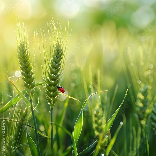 Ladybug on green wheat field. Beautiful nature scene with ladybug.