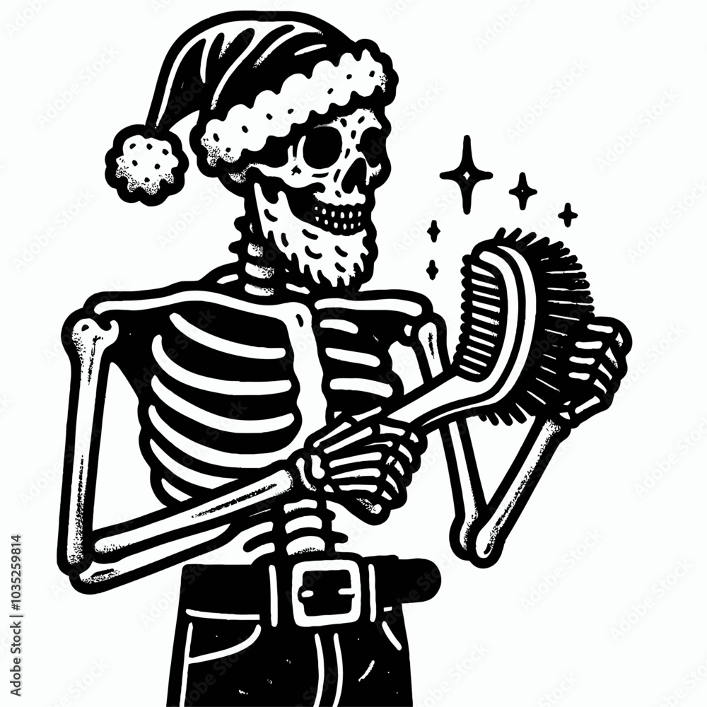 A whimsical skeleton in a Santa hat brushes its beard, combining Halloween and Christmas themes in a playful design. A whimsical skeleton in a Santa hat brushes its beard, combining Halloween and Christmas themes in a playful design.