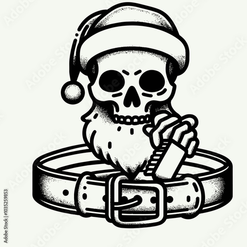 A quirky skull wearing a Santa hat with a beard, holding a tool, representing a blend of holiday spirit and edgy design.